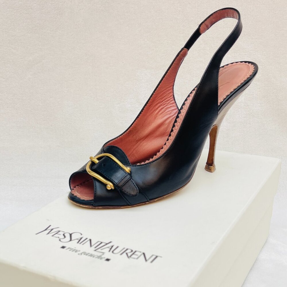 Vintage Yves Saint Laurent Black and Gold Buckle Heels